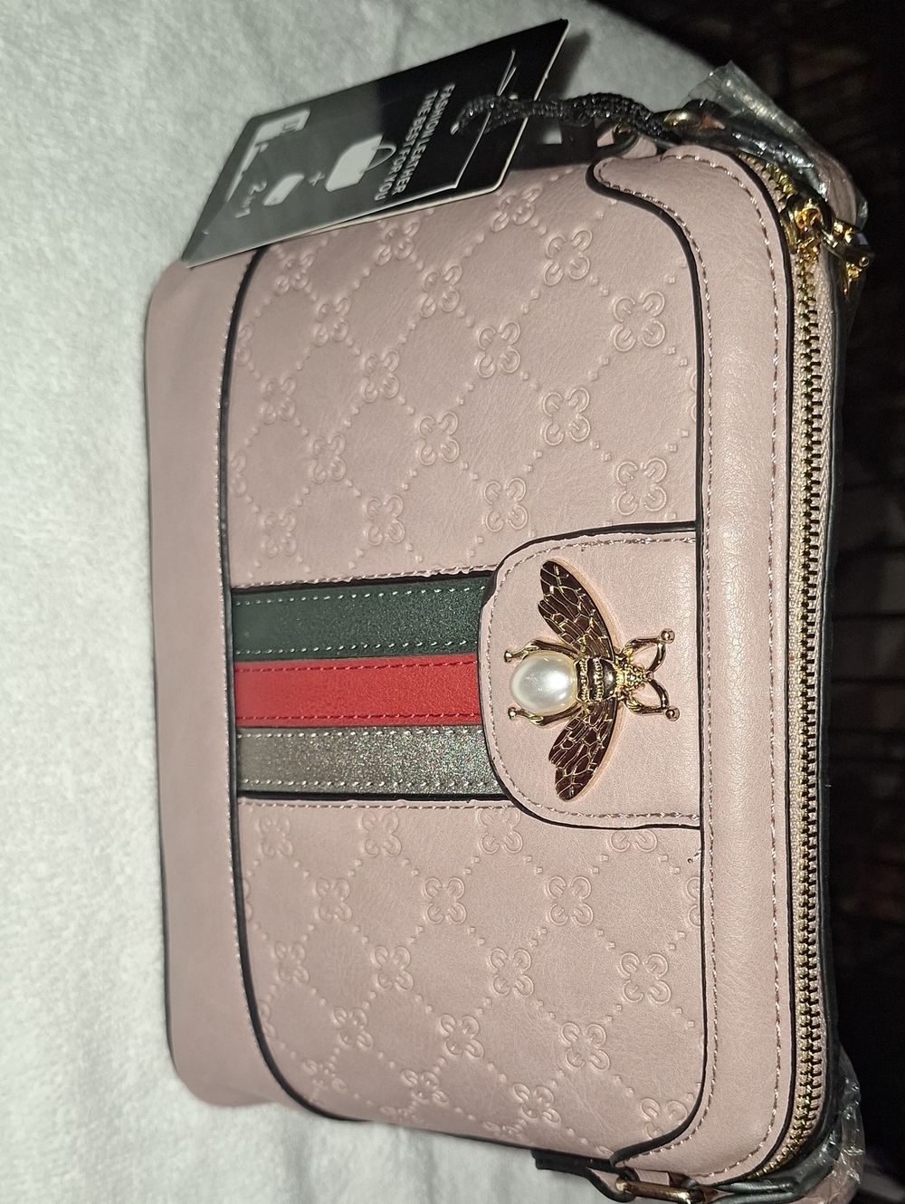Women's Pink Embossed Crossbody Bag with wallet &  Bee Accent
